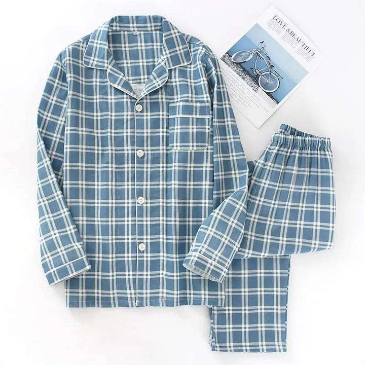 Men's Plaid Pajama Suit 100% Cotton Gauze Thin Casual Pijama Set Long Sleeves Long Trousers Mens Pyjama Autumn Men Sleepwear