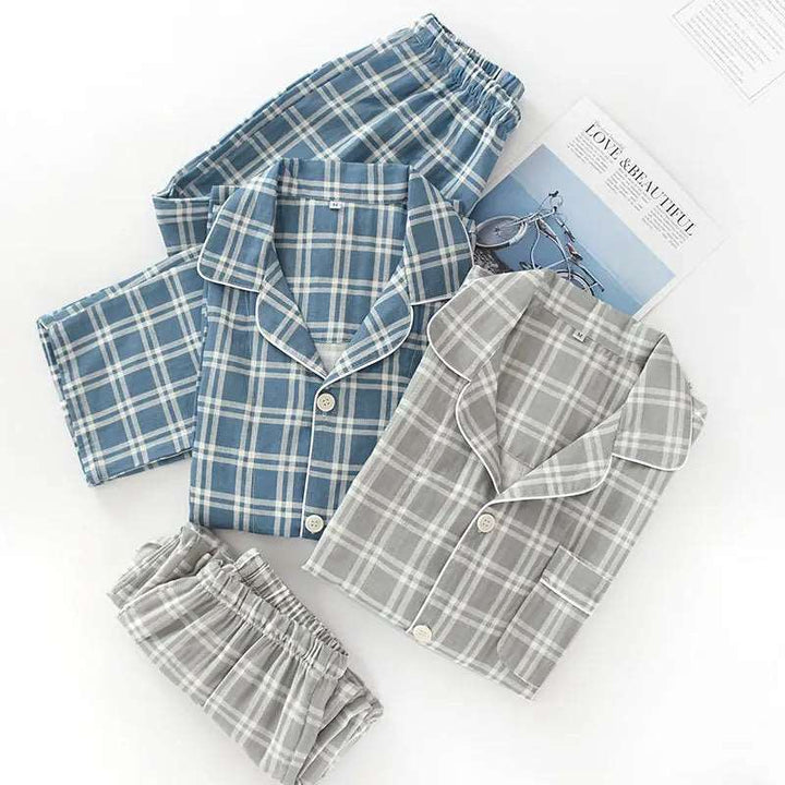 Men's Plaid Pajama Suit 100% Cotton Gauze Thin Casual Pijama Set Long Sleeves Long Trousers Mens Pyjama Autumn Men Sleepwear