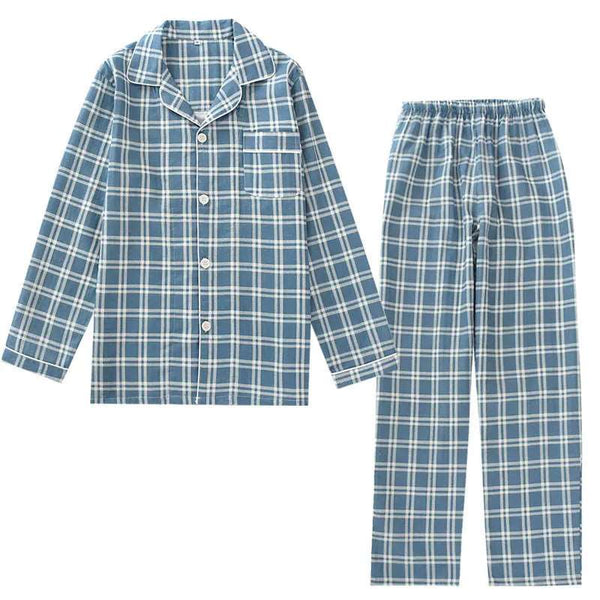 Men's Plaid Pajama Suit 100% Cotton Gauze Thin Casual Pijama Set Long Sleeves Long Trousers Mens Pyjama Autumn Men Sleepwear