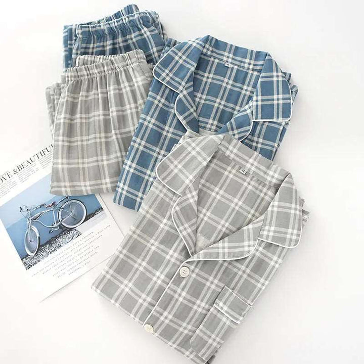 Men's Plaid Pajama Suit 100% Cotton Gauze Thin Casual Pijama Set Long Sleeves Long Trousers Mens Pyjama Autumn Men Sleepwear