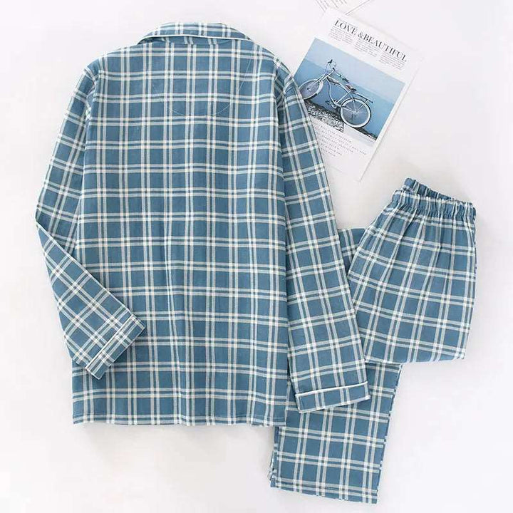 Men's Plaid Pajama Suit 100% Cotton Gauze Thin Casual Pijama Set Long Sleeves Long Trousers Mens Pyjama Autumn Men Sleepwear