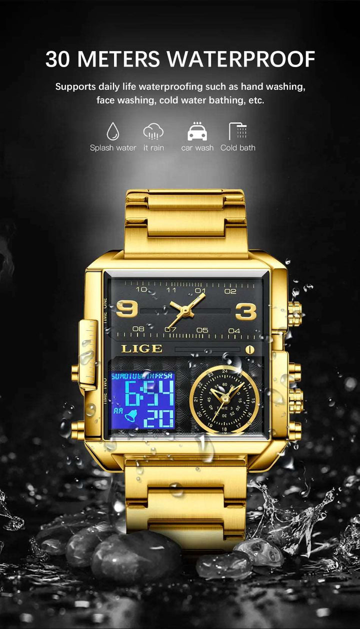 Men Sports Wrist Watch Gold Quartz Steel Waterproof Dual Display Clock