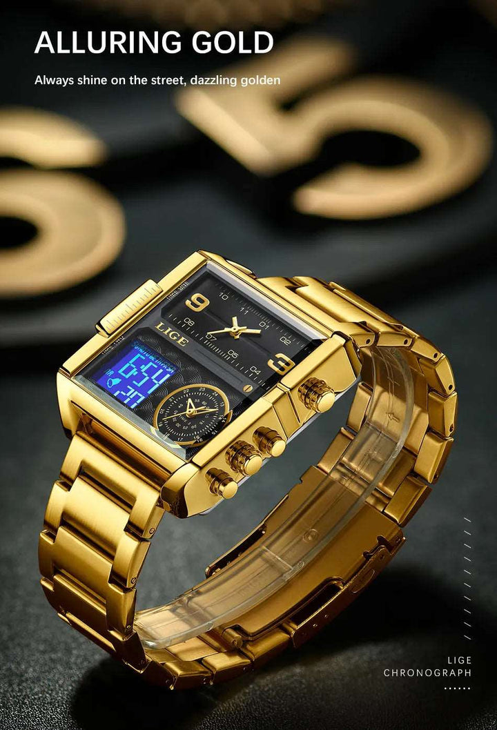 Men Sports Wrist Watch Gold Quartz Steel Waterproof Dual Display Clock