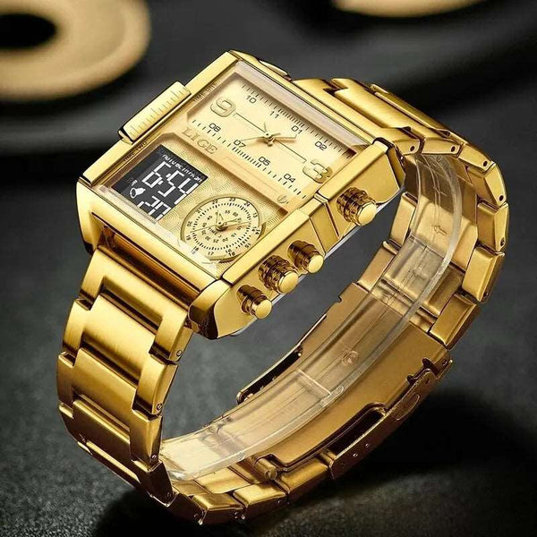 Men Sports Wrist Watch Gold Quartz Steel Waterproof Dual Display Clock