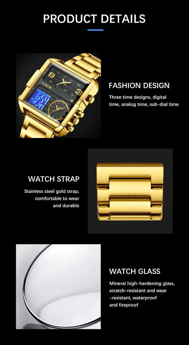 Men Sports Wrist Watch Gold Quartz Steel Waterproof Dual Display Clock