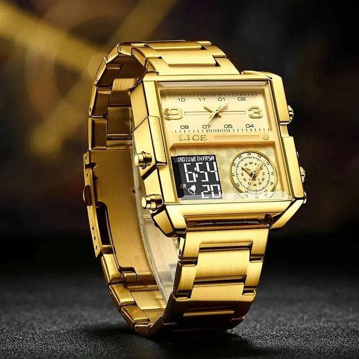 Men Sports Wrist Watch Gold Quartz Steel Waterproof Dual Display Clock