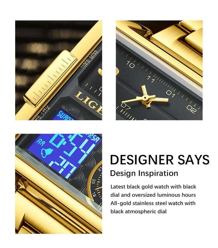 Men Sports Wrist Watch Gold Quartz Steel Waterproof Dual Display Clock