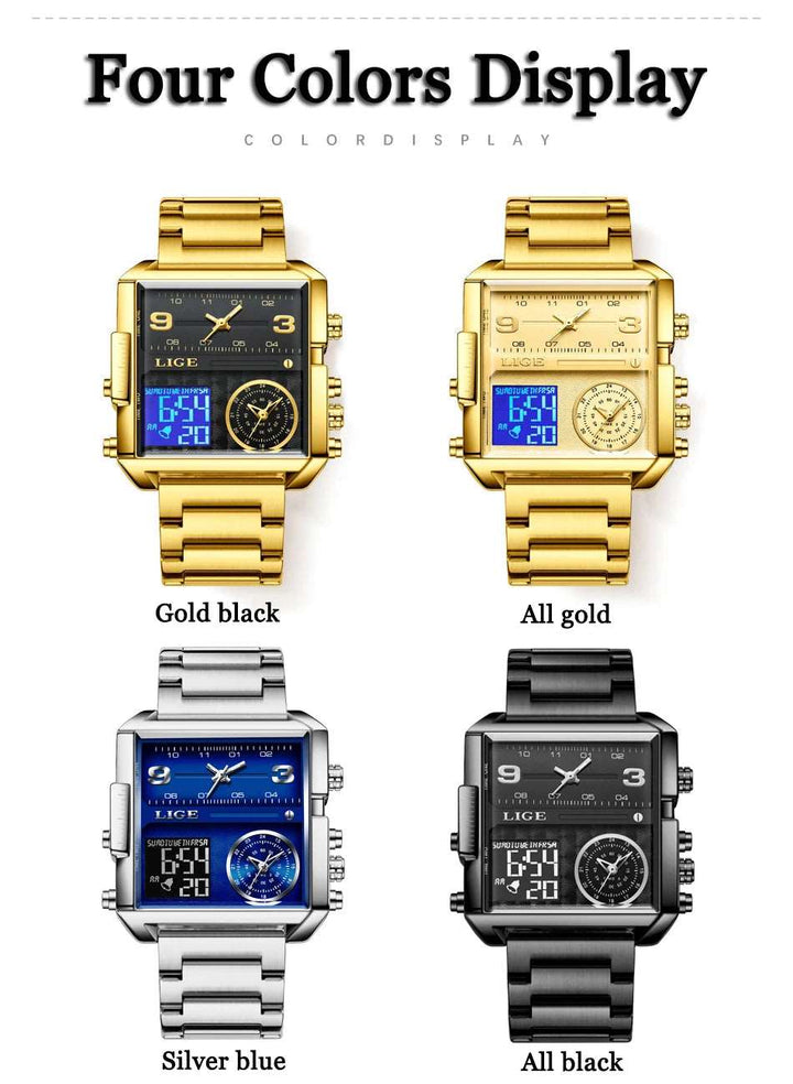 Men Sports Wrist Watch Gold Quartz Steel Waterproof Dual Display Clock