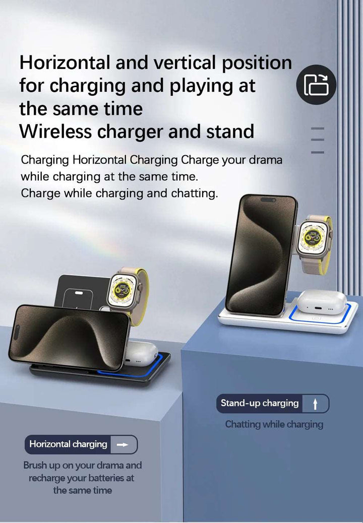 3 In 1 Wireless Charger Stand Pad Foldable 15W Fast Charging Dock Station For iPhone 15 14 13 12 Pro Max Apple Watch 8 7 Airpods