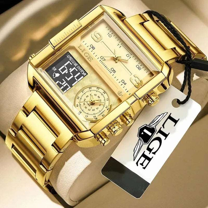 Men Sports Wrist Watch Gold Quartz Steel Waterproof Dual Display Clock