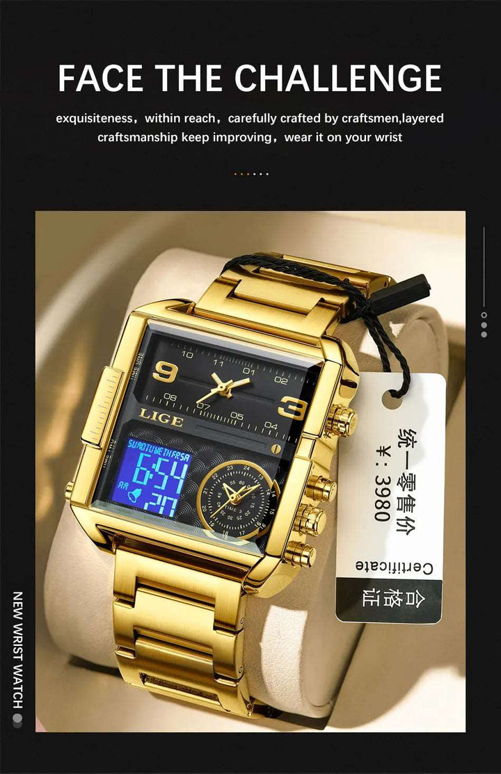 Men Sports Wrist Watch Gold Quartz Steel Waterproof Dual Display Clock