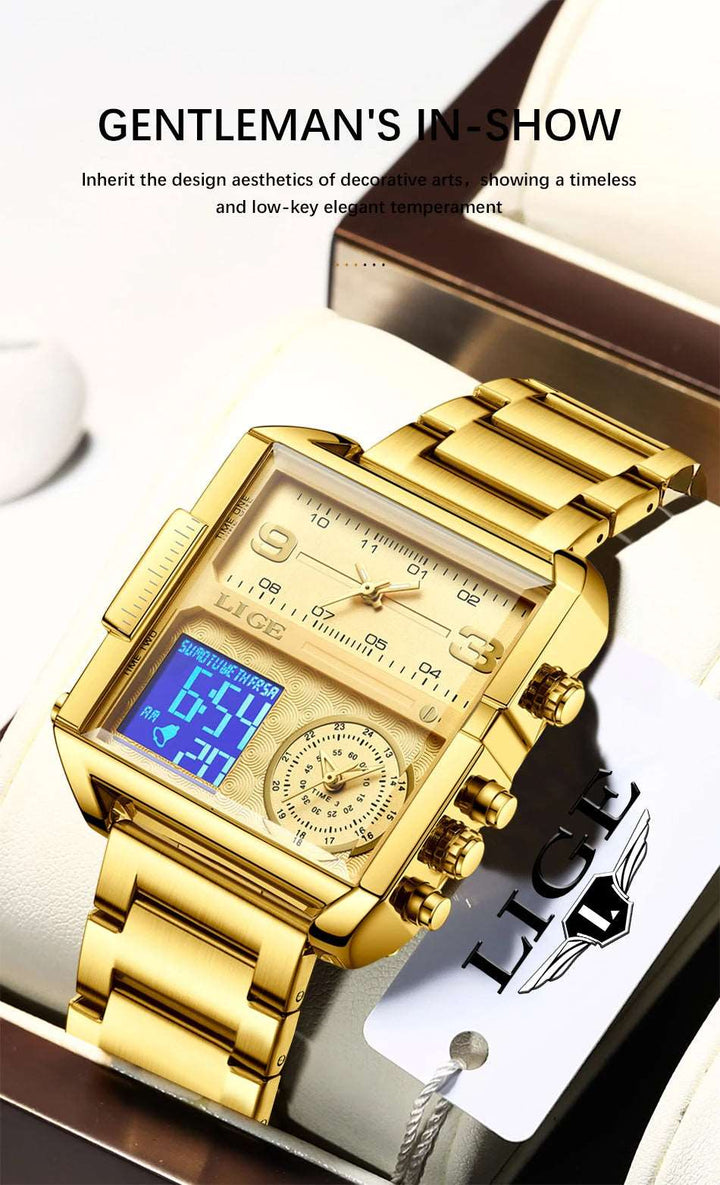 Men Sports Wrist Watch Gold Quartz Steel Waterproof Dual Display Clock