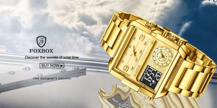 Men Sports Wrist Watch Gold Quartz Steel Waterproof Dual Display Clock