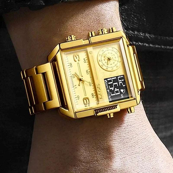 Men Sports Wrist Watch Gold Quartz Steel Waterproof Dual Display Clock