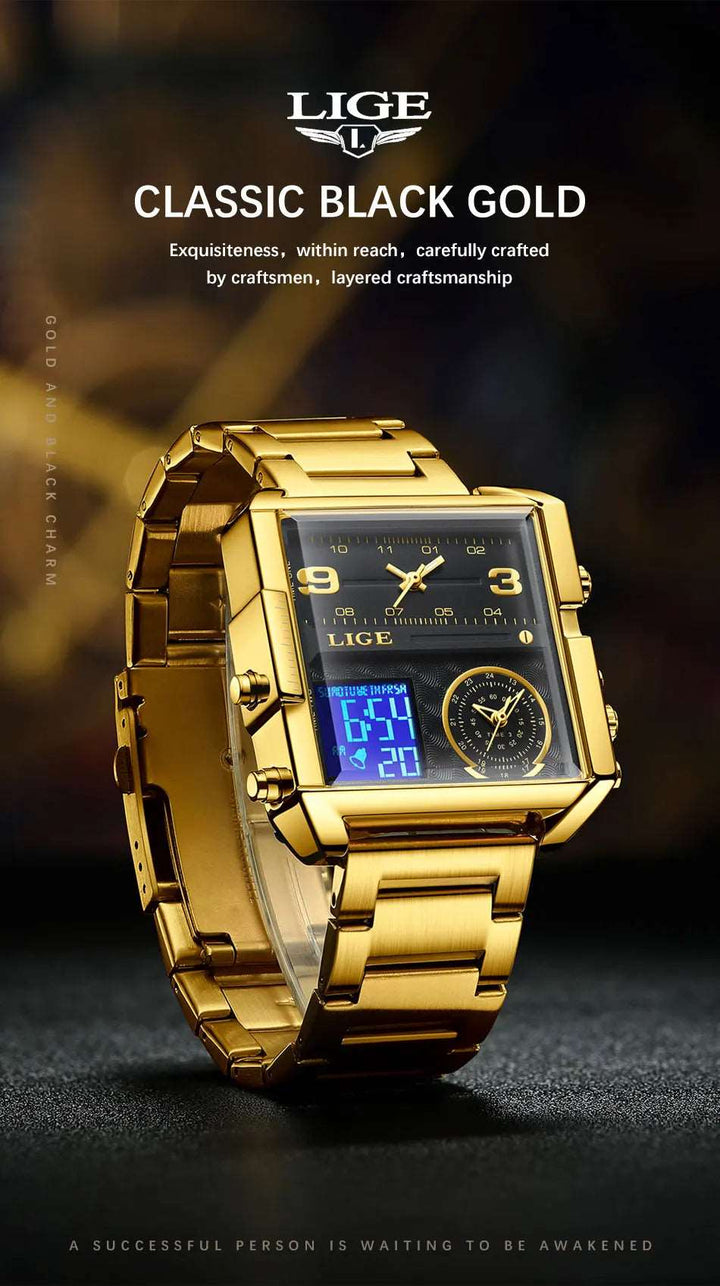 Men Sports Wrist Watch Gold Quartz Steel Waterproof Dual Display Clock