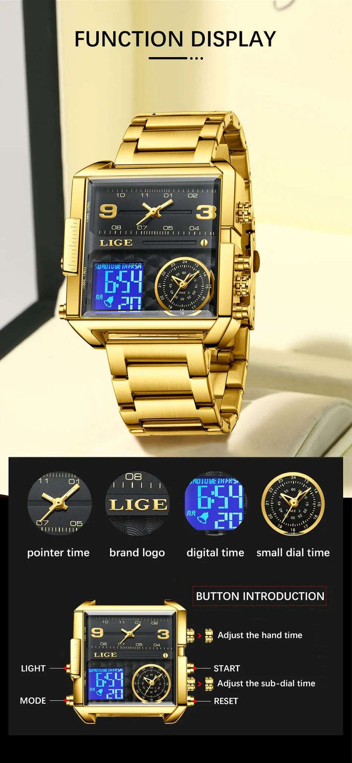 Men Sports Wrist Watch Gold Quartz Steel Waterproof Dual Display Clock