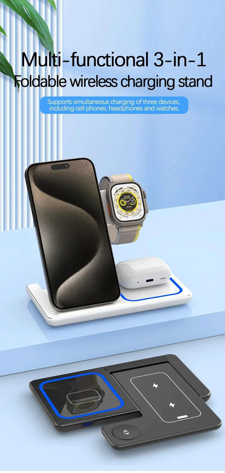 3 In 1 Wireless Charger Stand Pad Foldable 15W Fast Charging Dock Station For iPhone 15 14 13 12 Pro Max Apple Watch 8 7 Airpods