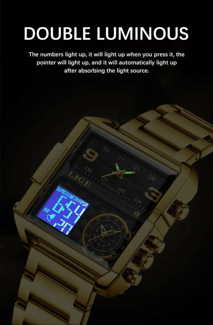 Men Sports Wrist Watch Gold Quartz Steel Waterproof Dual Display Clock